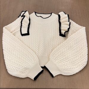 MARBLE Cream Crewneck Sweater with Ruffle Black Trim